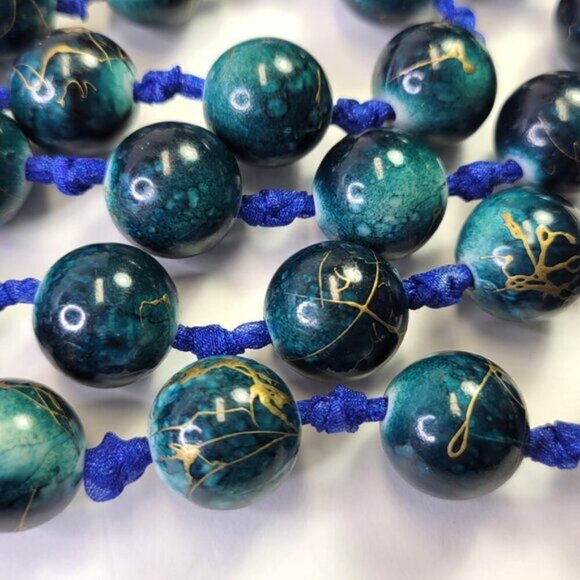 Blue Beaded Long Necklace on a Ribbon - Picture 7 of 8